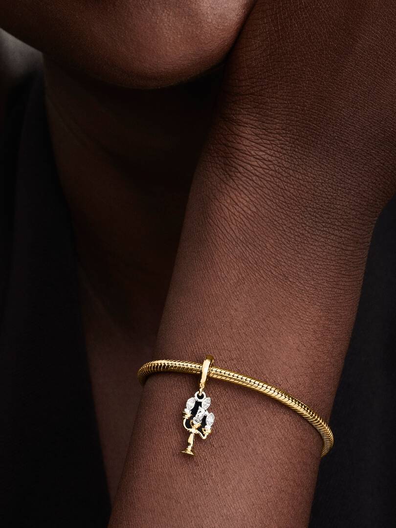 Charm Pendant Disney La Belle et La Bête Lumière Argent Massif, Métal doré à l'Or 14 carats