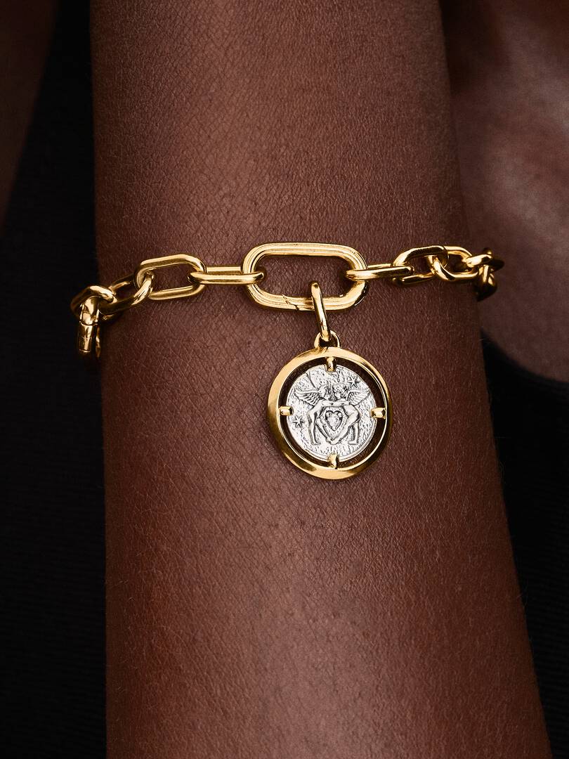 Charm Médaillon Cupidon Argent Massif, Métal doré à l'Or 14 carats