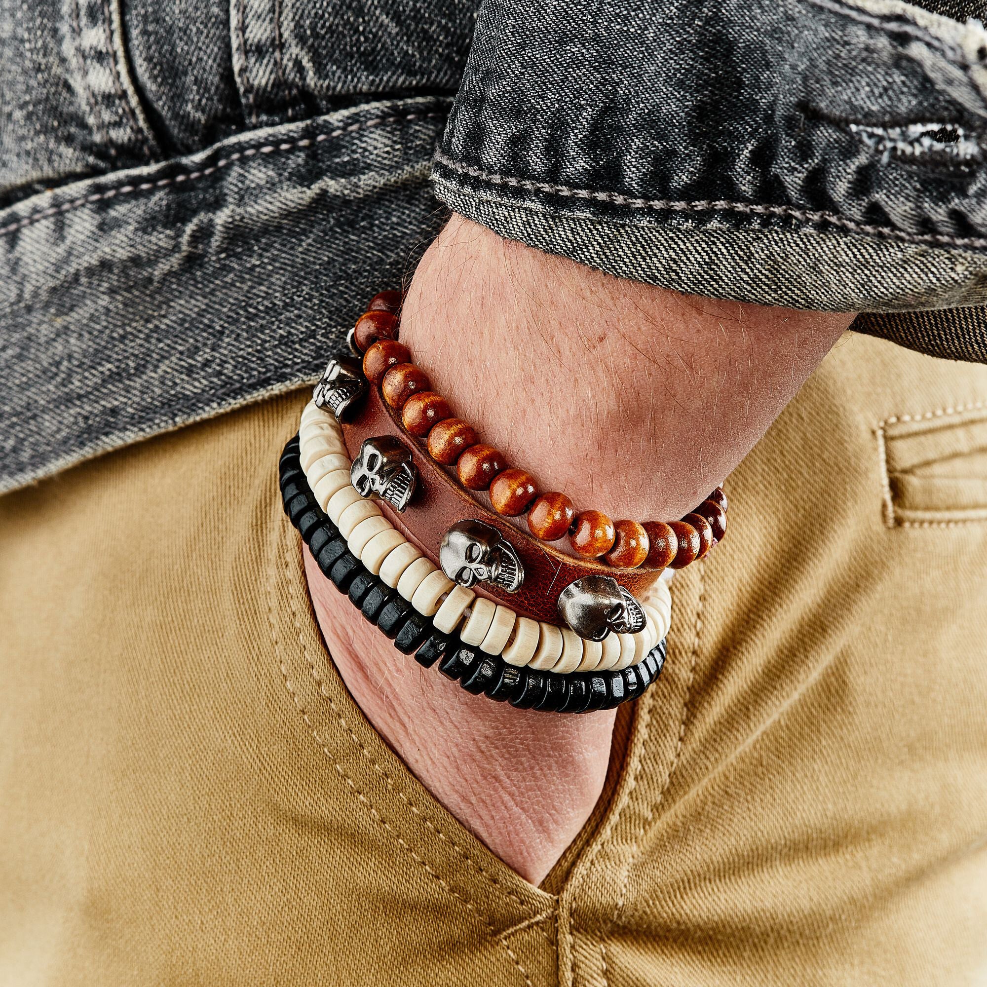 Bracelet manchette ajustable Denfert Rochereau - cuir - perles - marron