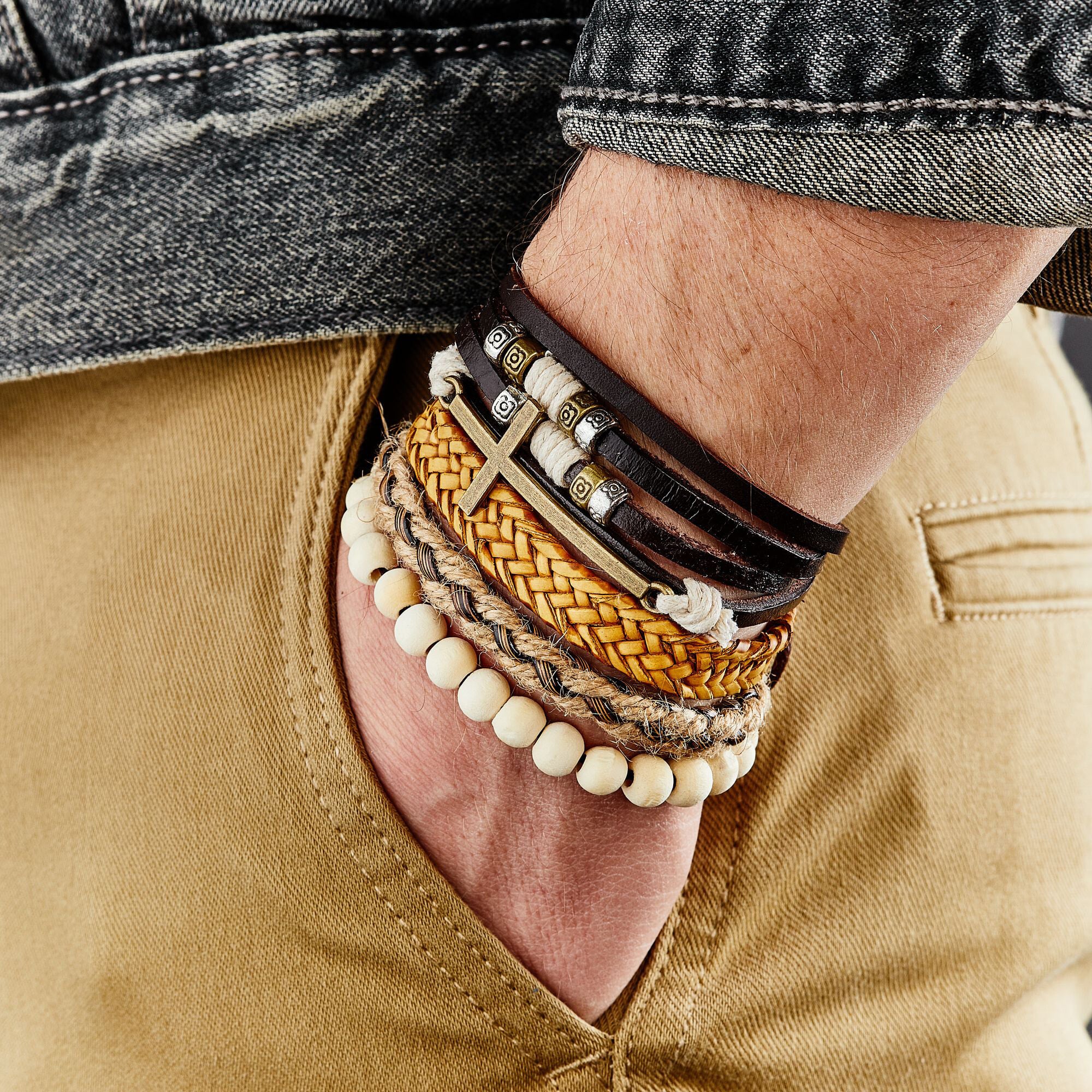 Bracelet manchette Georges V - cuir - marron