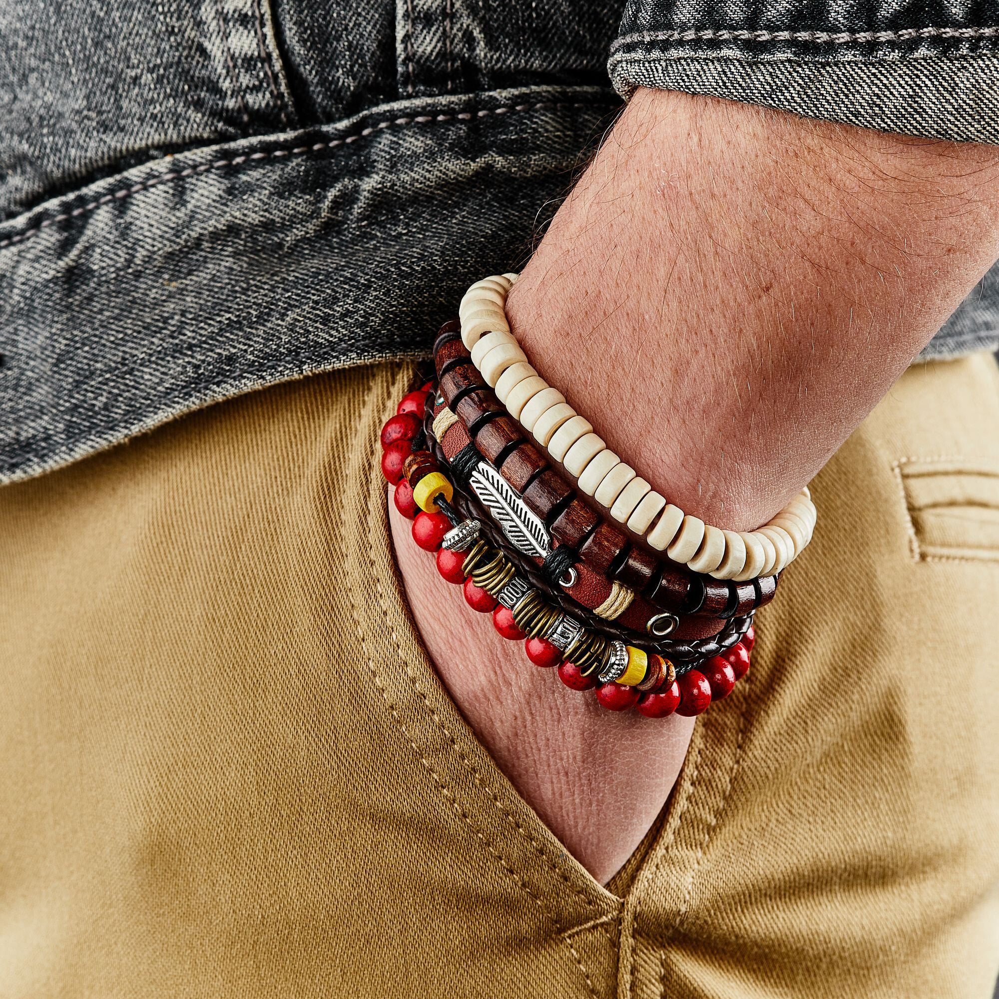 Bracelet manchette Jules Joffrin - cuir - marron et rouge