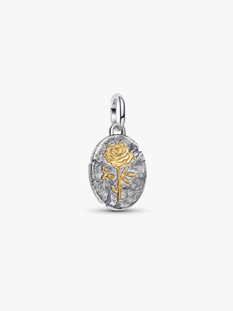 Charm Médaillon Rose Argent Massif, Métal doré à l'Or 14 carats