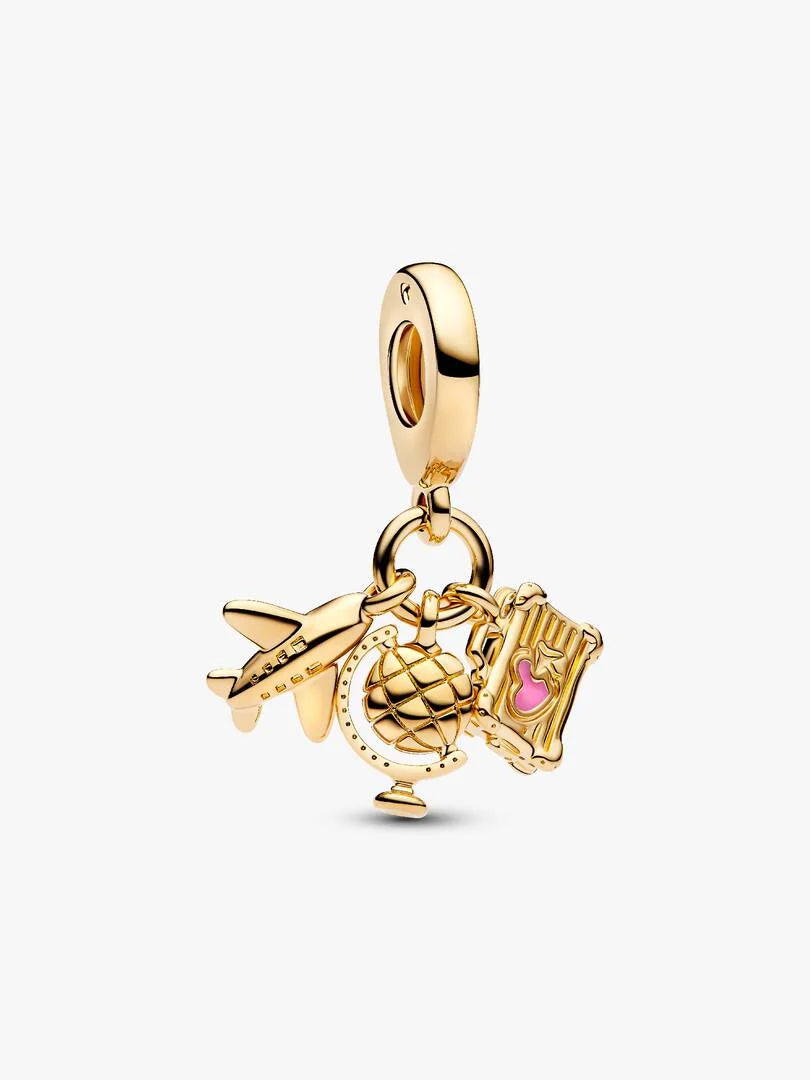 Charm Pendant Avion, Globe & Valise Métal doré à l'Or 14 carats