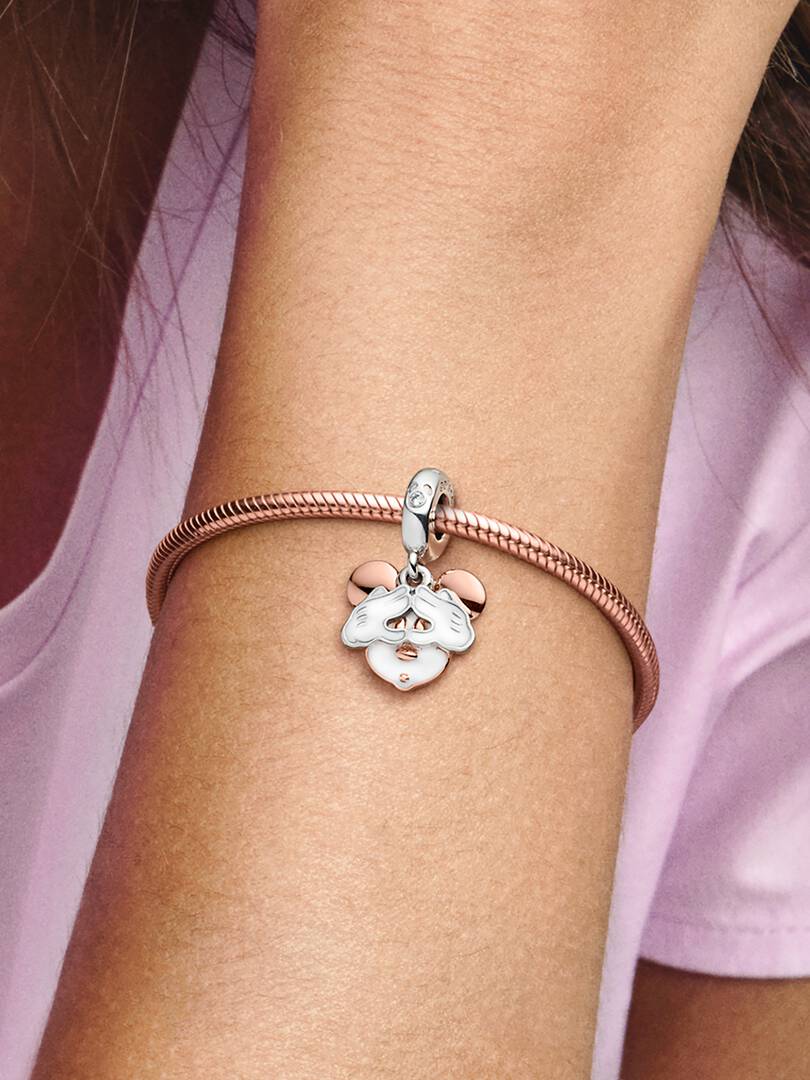 Charm Pendant Double Disney Mickey Argent Massif, Métal doré à l'Or Rose 14 carats