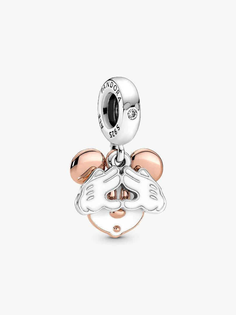 Charm Pendant Double Disney Mickey Argent Massif, Métal doré à l'Or Rose 14 carats
