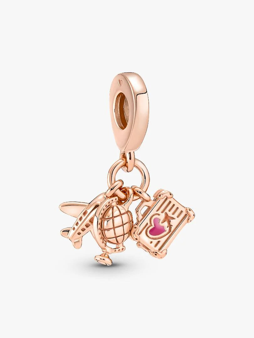 Charm Pendant Avion, Globe & Valise Métal doré à l'Or Rose 14 carats