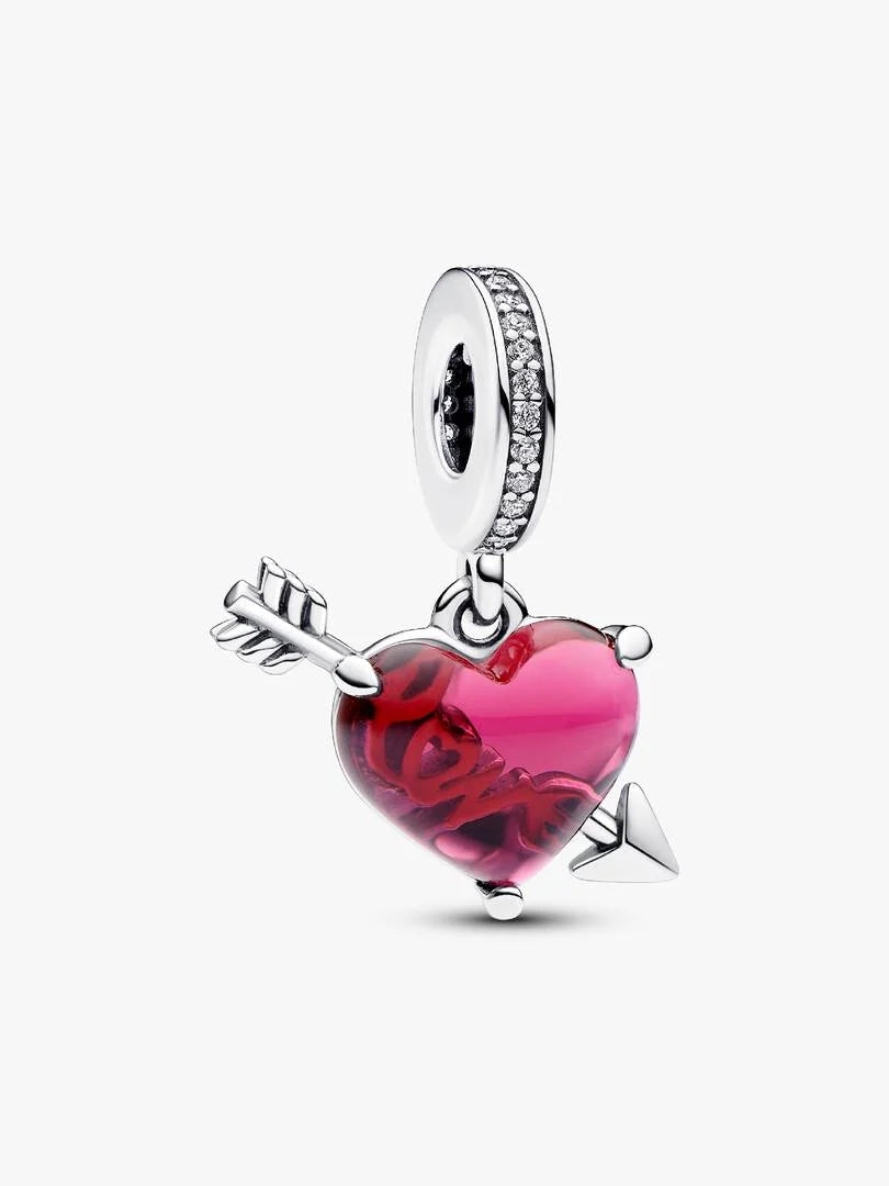Charm Pendant Cœur & Flèche Verre de Murano Rouge Argent Massif