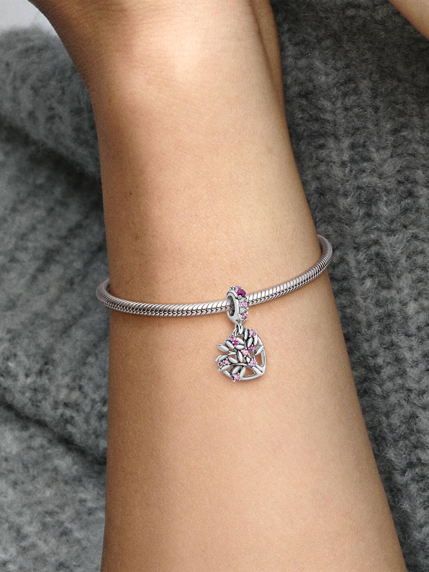 Charm Pendant Arbre De Vie Cœur Rose Argent Massif