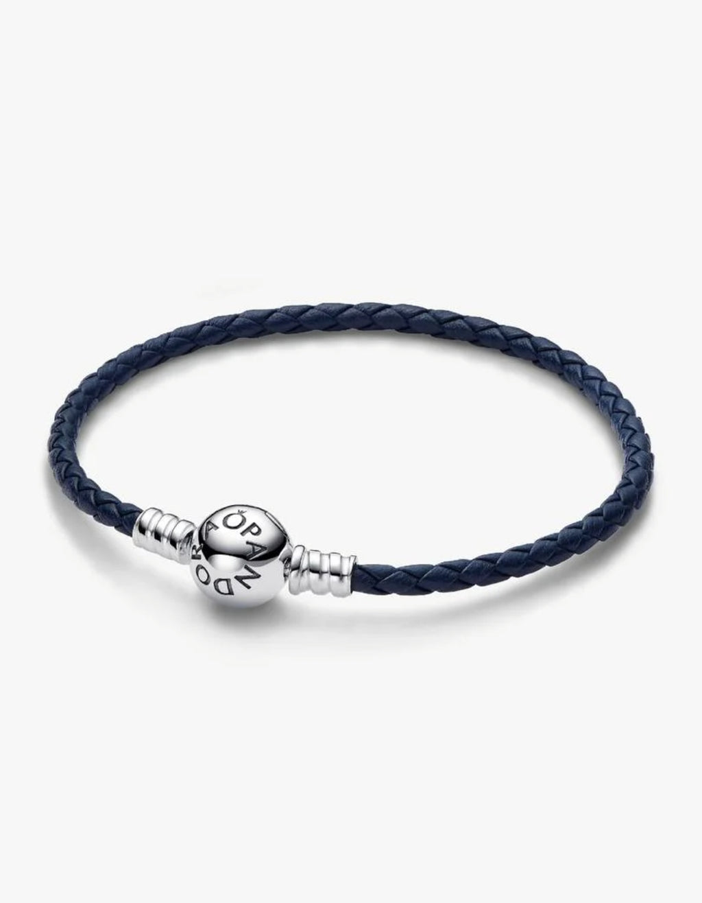 Bracelet en Cuir Tressé Bleu à Fermoir Rond Pandora Moments Argent Massif