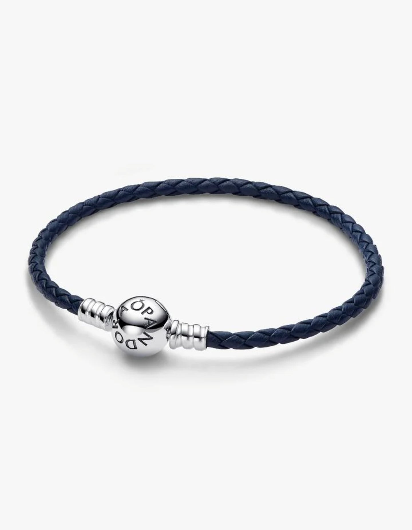 Bracelet en Cuir Tressé Bleu à Fermoir Rond Pandora Moments Argent Massif