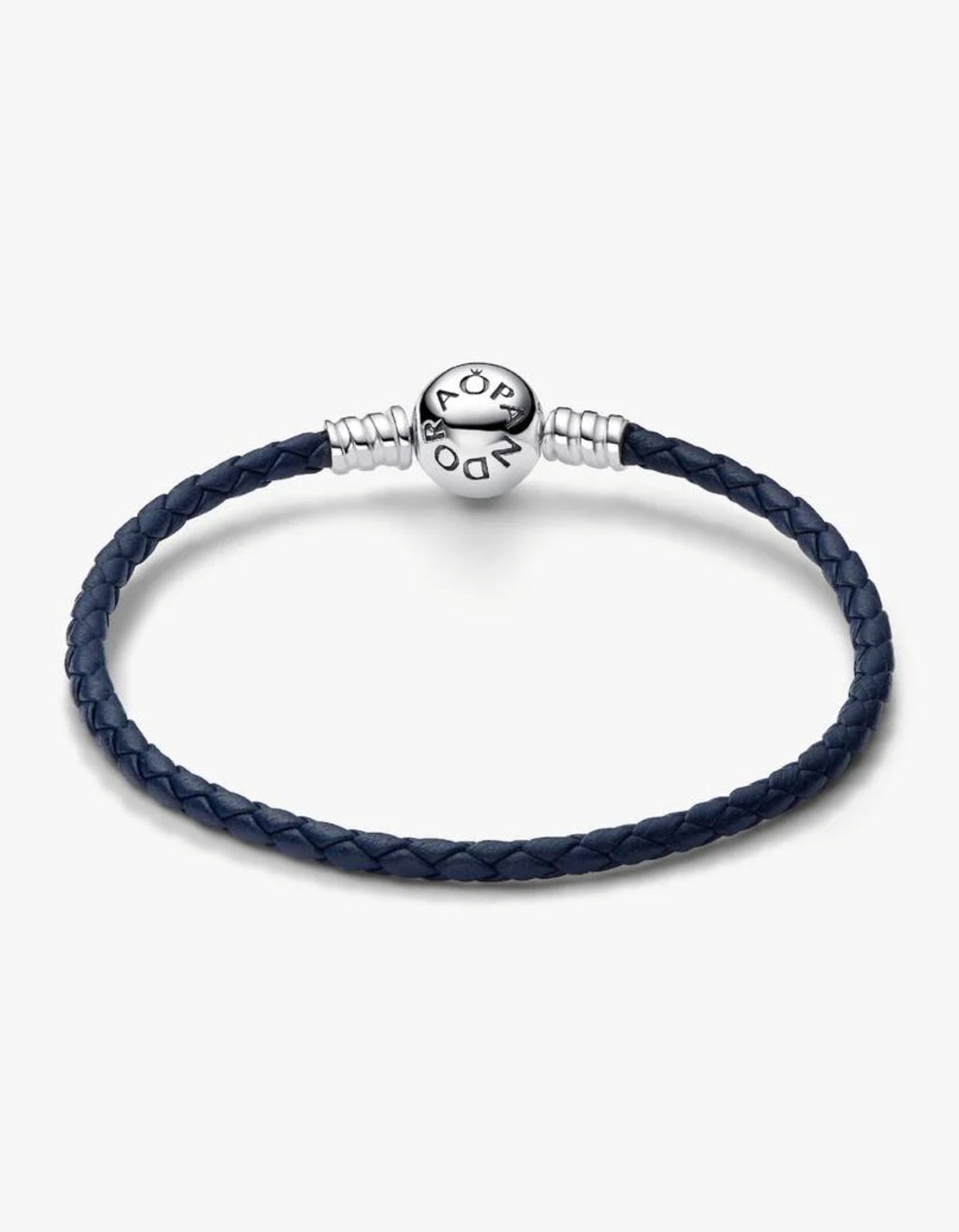 Bracelet en Cuir Tressé Bleu à Fermoir Rond Pandora Moments Argent Massif