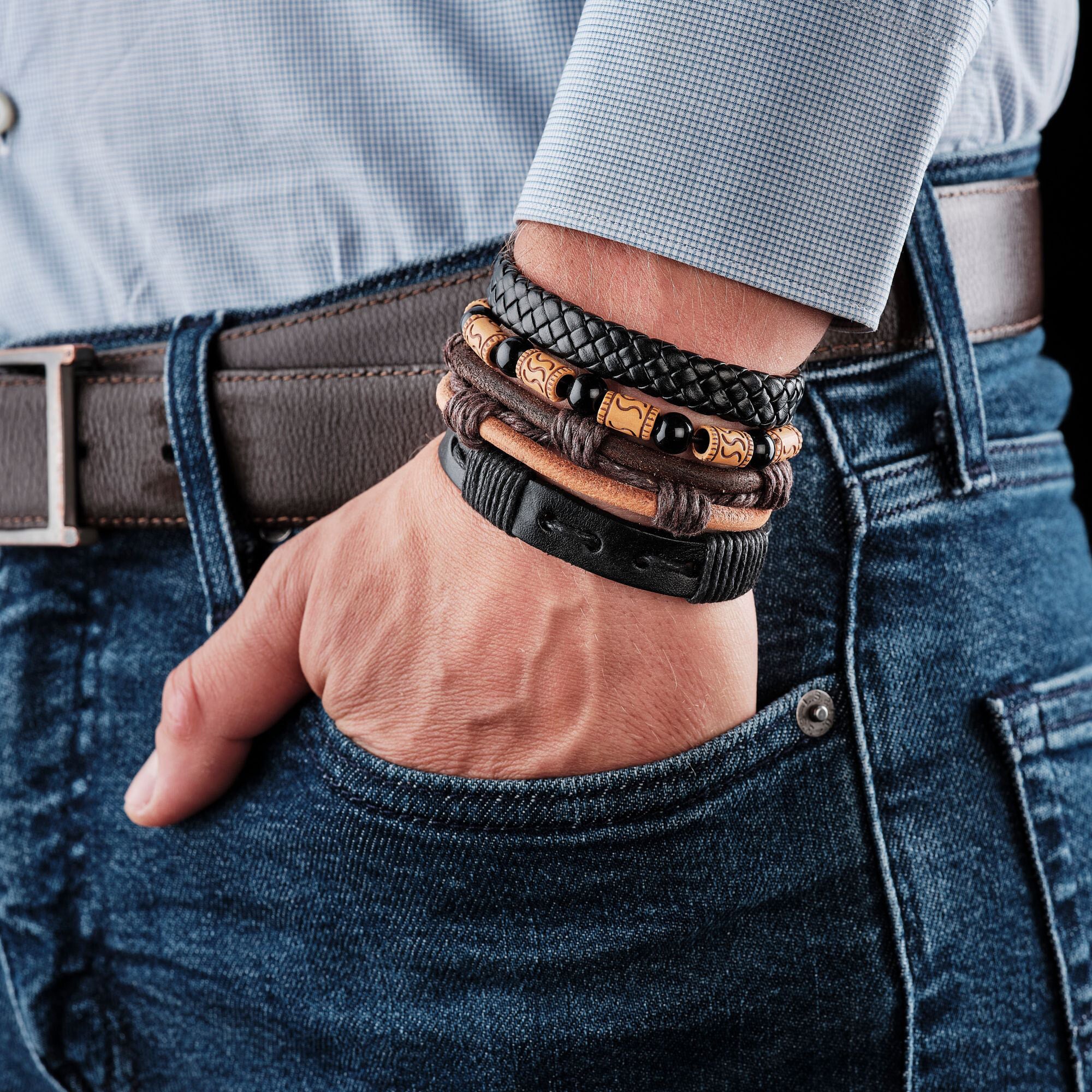 Bracelet manchette ajustable Tour Maoubourg - cuir - perles - noir