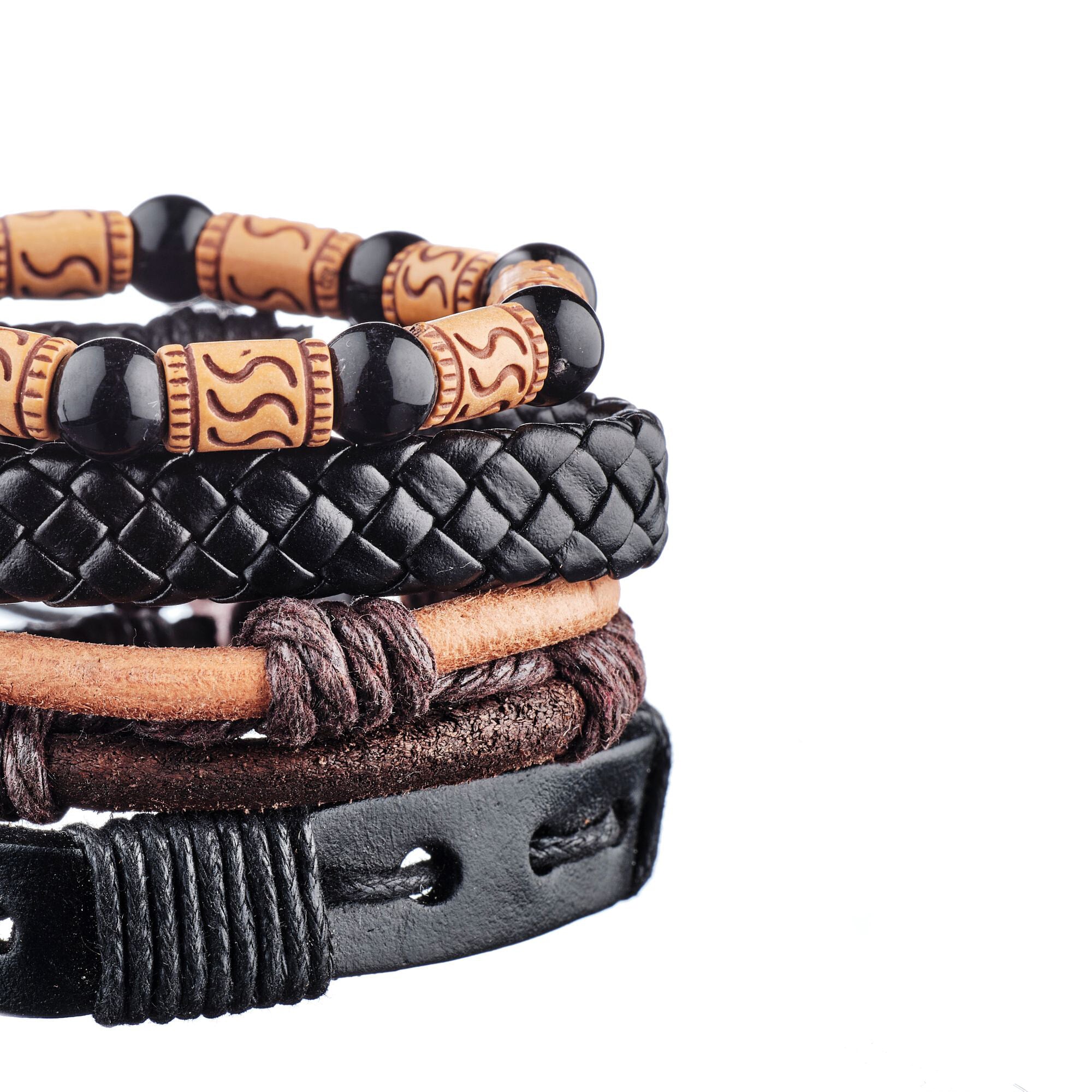 Bracelet manchette ajustable Tour Maoubourg - cuir - perles - noir