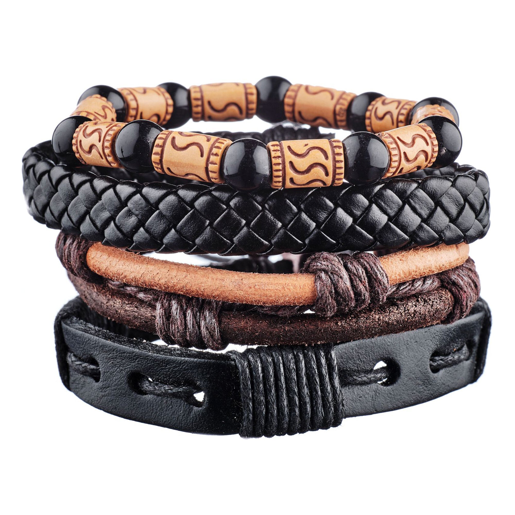 Bracelet manchette ajustable Tour Maoubourg - cuir - perles - noir