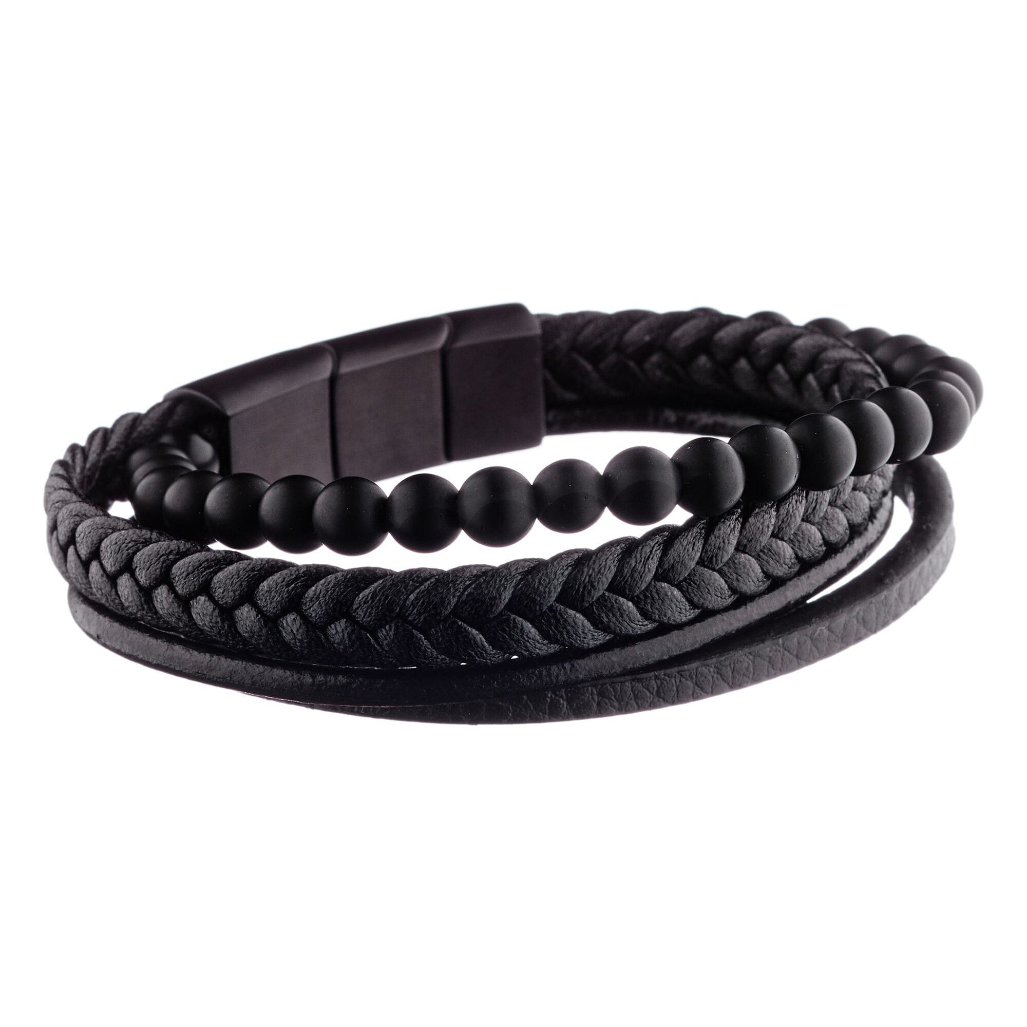Bracelet Monceau - cuir - pierres naturelles - noir