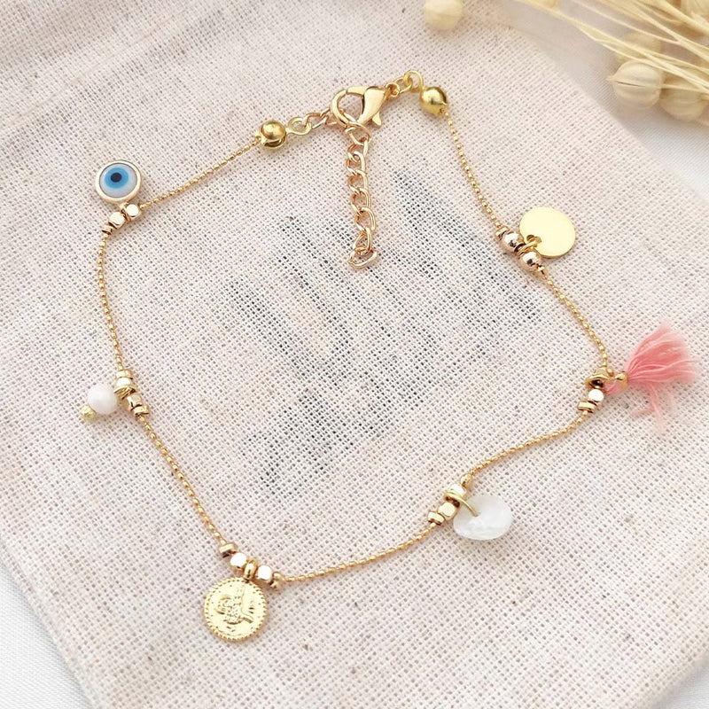 ATELIER MIU Bracelet de cheville avec perles œil & pièces de monnaie ancienne - Laiton plaqué or