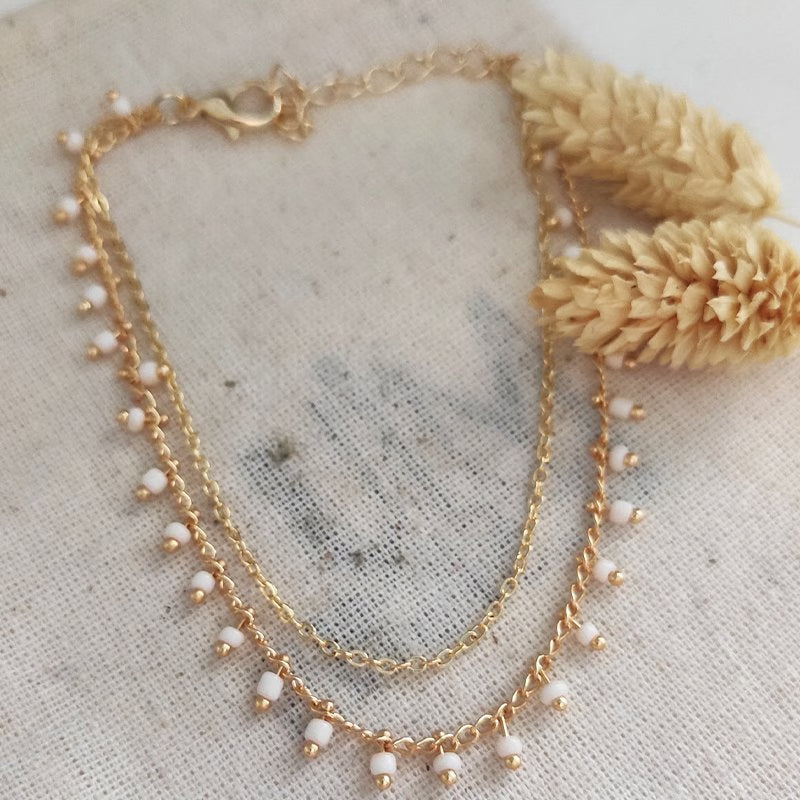 ATELIER MIU Bracelet de cheville avec pierres cristaux blanches - Laiton doré & plaqué or