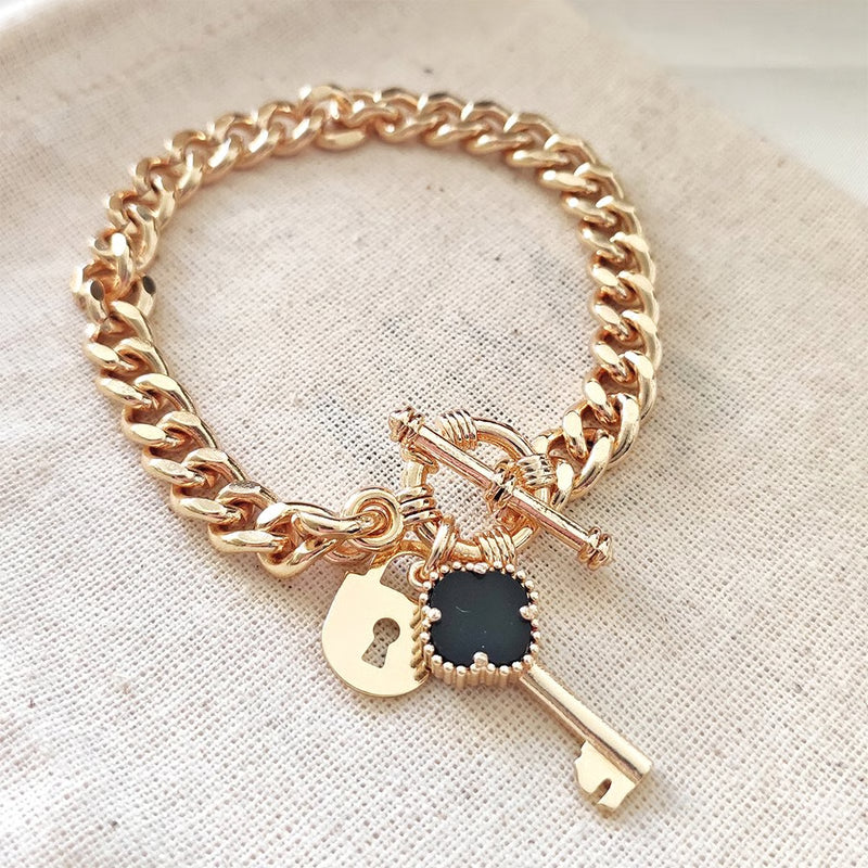 ATELIER MIU Bracelet cadenas & trèfle - Laiton plaqué or & nacre noire